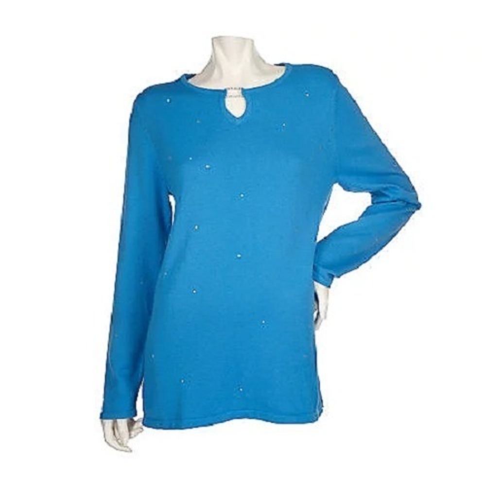 Quacker Factory Turquoise Sparkle Shine Top Womens XS‎ Rhinestone Buckle Keyhole